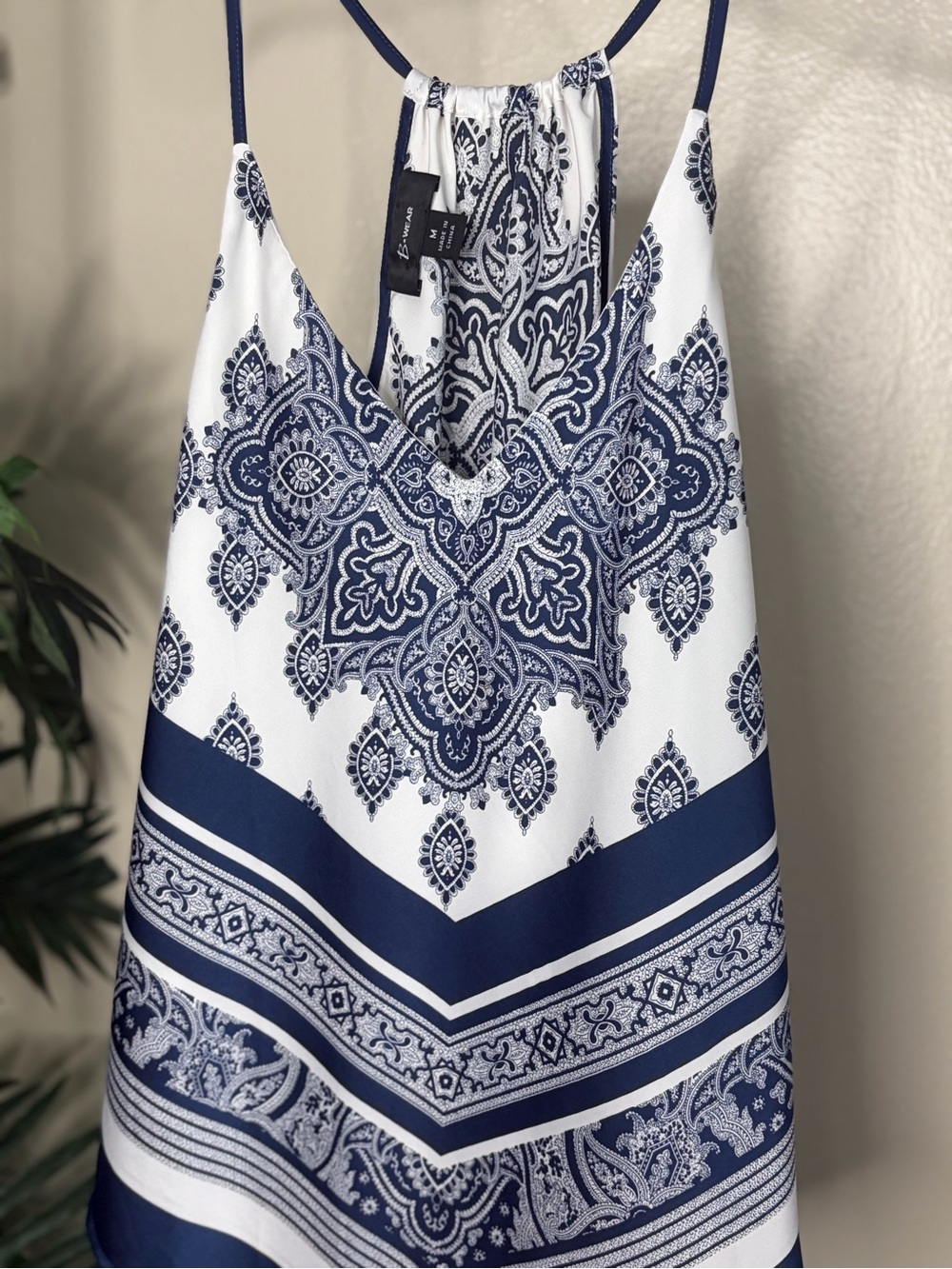 Navy White Paisley Scarf Print Strappy Tank Top Y2K Bohemian Med